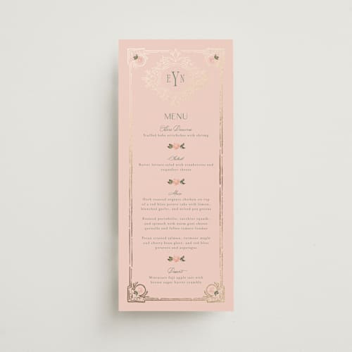 This is a pine menu cards with foil pressed by Claudia Orengo called princess printing on signature in 4x9