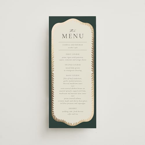 This is a emerald menu cards with foil pressed by Jen Owens called frame printing on signature in 4x9