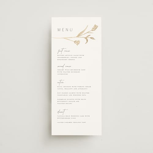 This is a cotton menu cards with foil pressed by Amy Kross called perennial printing on signature in 4x9