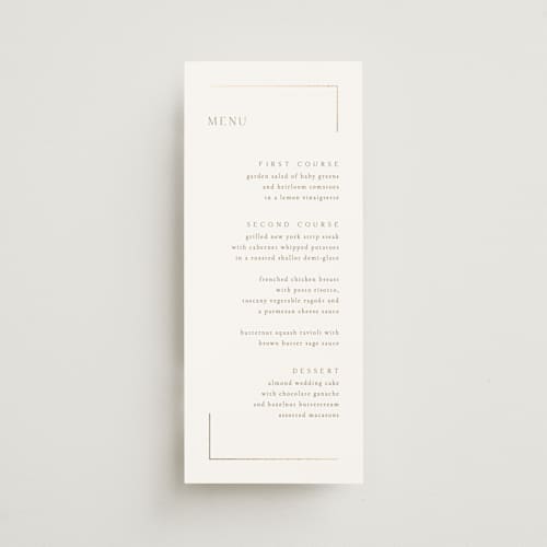 This is a quartz menu cards with foil pressed by Kristie Kern called the gallery printing on signature in 4x9