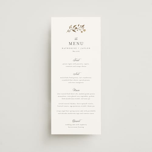This is a cloudy menu cards with foil pressed by Jennifer Postorino called embrace printing on signature in 4x9