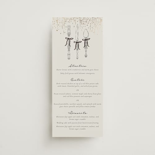 This is a noir menu cards with foil pressed by Jackie Crawford called hand illustrated whimsical chandelier printing on signature in 4x9