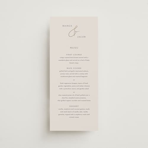 This is a ivory menu cards with foil pressed by Angela Thompson called eloquent printing on signature in 4x9