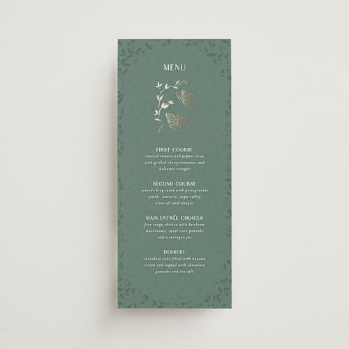 This is a eucalyptus menu cards with foil pressed by Simona Camp called southern romance printing on signature in 4x9