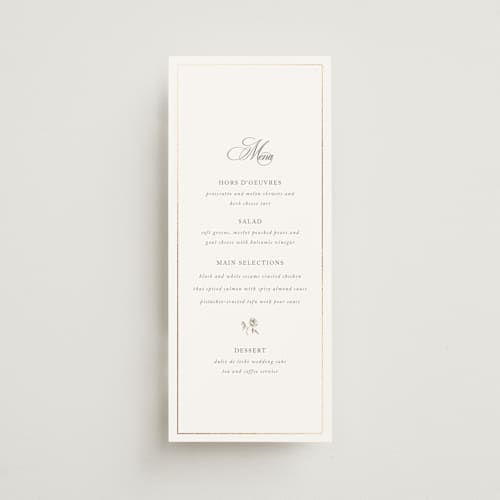 This is a classic bride menu cards with foil pressed by Design Lotus called here with you printing on signature in 4x9