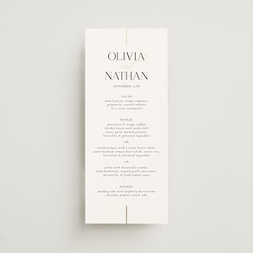 This is a spun sugar menu cards with foil pressed by Jessica Williams called aligned printing on signature in 4x9