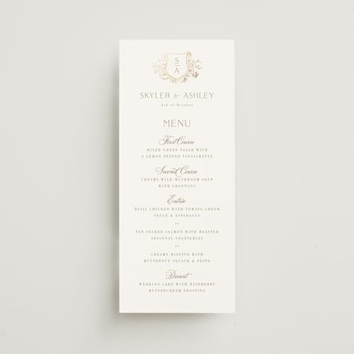This is a champagne menu cards with foil pressed by Cass Loh called floral crest printing on signature in 4x9