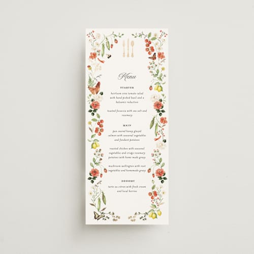 This is a verona sunset menu cards with foil pressed by Sarah Knight called fleur printing on signature in 4x9