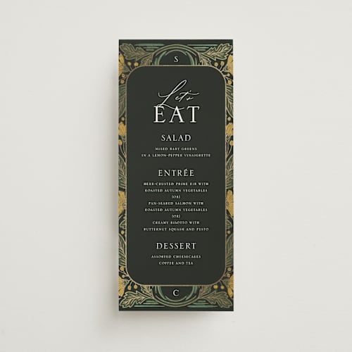This is a buttercup menu cards with foil pressed by Jen Owens called embellished printing on signature in 4x9