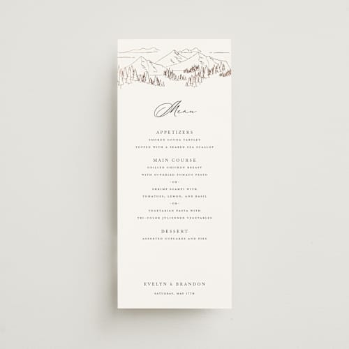 This is a porcelain menu cards with foil pressed by Sarah Brown called peaks printing on signature in 4x9