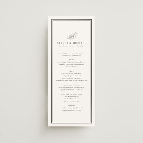 This is a cotton menu cards with foil pressed by Jennifer Postorino called polished printing on signature in 4x9