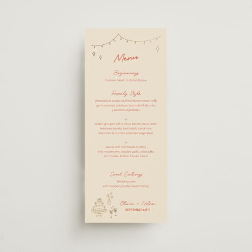 This is a sangria spark menu cards with foil pressed by Zove Ahhh called party on! printing on signature in 4x9