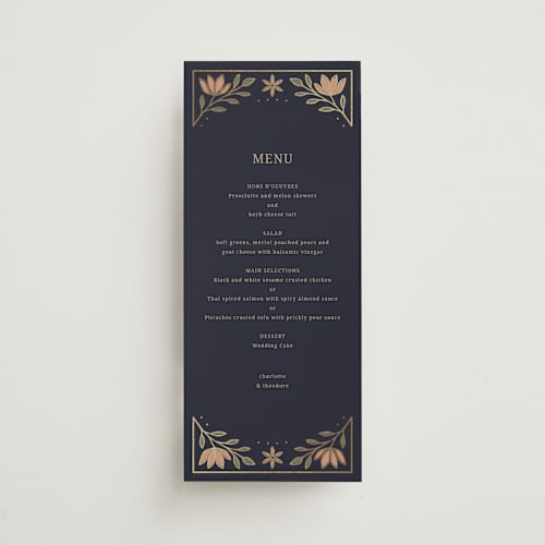 This is a navy menu cards with foil pressed by Jess Rosa Beck called botanical tapestry printing on signature in 4x9