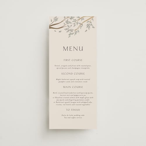 This is a blush meadow menu cards with foil pressed by Grae called dancing in the garden printing on signature in 4x9