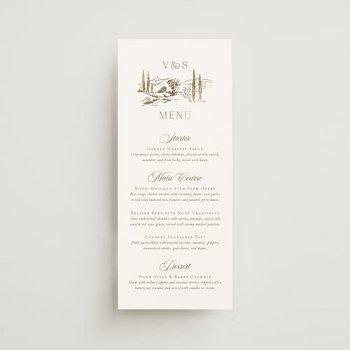 This is a sage menu cards with foil pressed by Lucrecia Caporale called country elegance printing on signature in 4x9