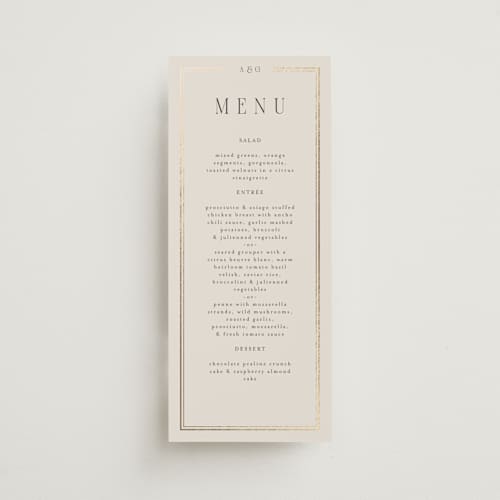 This is a champagne menu cards with foil pressed by Nicole Walsh called grace printing on signature in 4x9