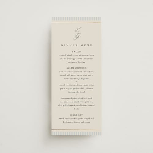 This is a provincial menu cards with foil pressed by Angela Thompson called emma printing on signature in 4x9