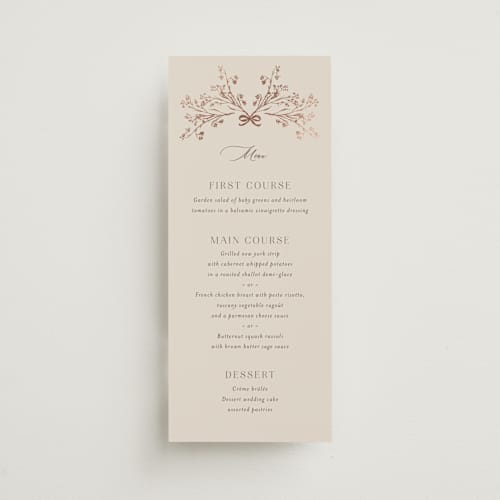 This is a almond menu cards with foil pressed by frau brandt called shining florals printing on signature in 4x9