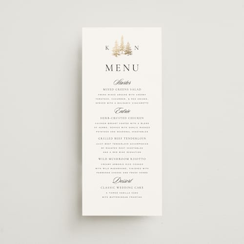 This is a snow menu cards with foil pressed by Stacy Maalouf called gilded forest printing on signature in 4x9