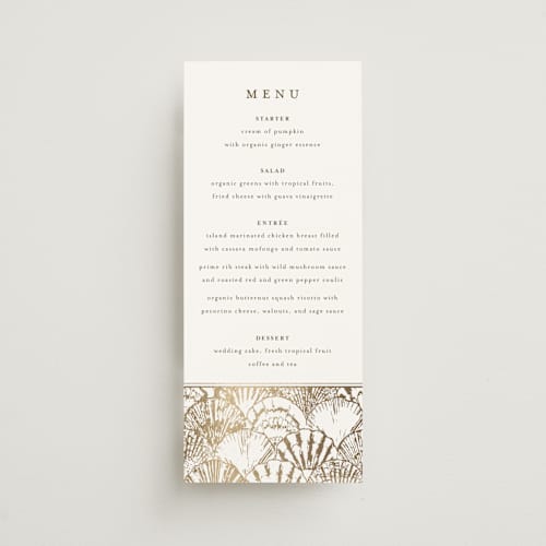 This is a pearl menu cards with foil pressed by Maria Alou called by the seashore printing on signature in 4x9