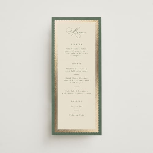 This is a rosemary menu cards with foil pressed by Emily Betts called vintage oval printing on signature in 4x9