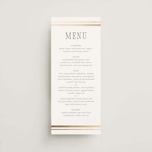 This is a pearl menu cards with foil pressed by Nicole Walsh called side stripe printing on signature in 4x9