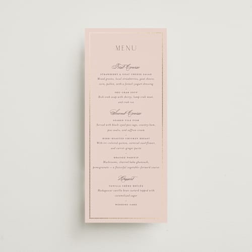 This is a rose quartz menu cards with foil pressed by Emily Betts called scallop monogram printing on signature in 4x9
