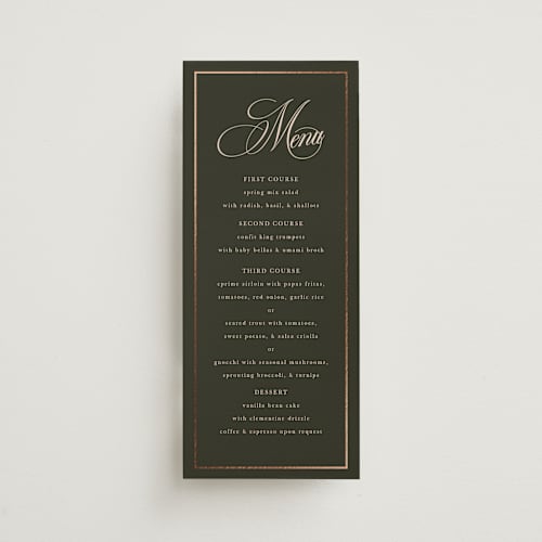 This is a midnight forest menu cards with foil pressed by Morgan Kendall called playbill printing on signature in 4x9