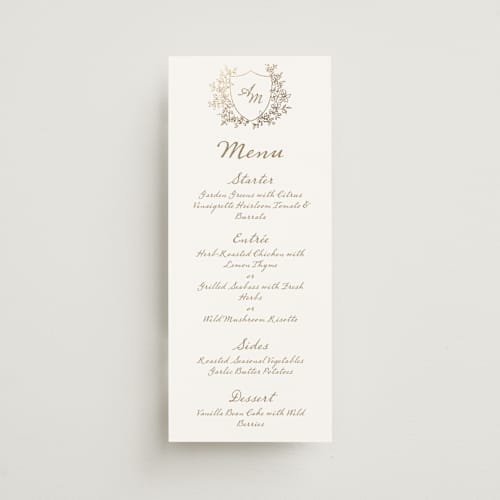 This is a ivory menu cards with foil pressed by Cass Loh called boho flower crest printing on signature in 4x9