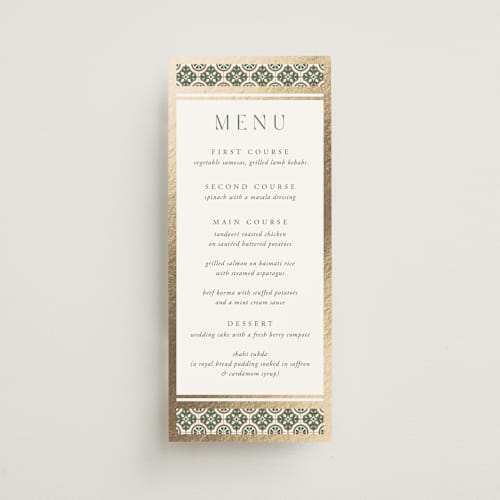 This is a evergreen menu cards with foil pressed by Oma N. Ramkhelawan called kareem printing on signature in 4x9