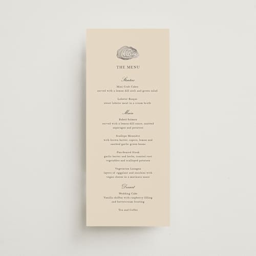 This is a sand menu cards with foil pressed by Jennifer Lew called cove printing on signature in 4x9