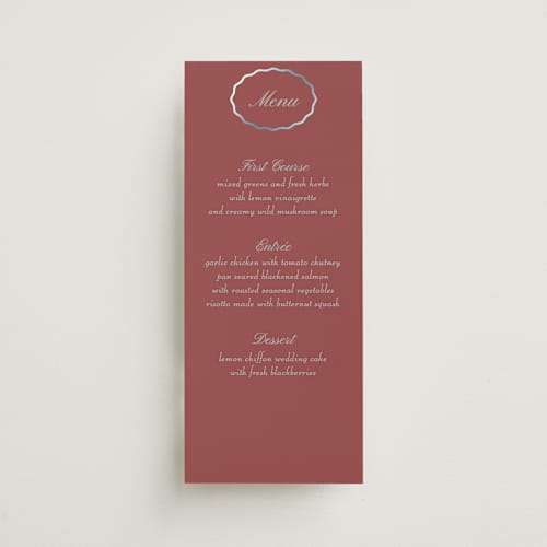 This is a burgundy menu cards with foil pressed by Baumbirdy called scallop frame printing on signature in 4x9