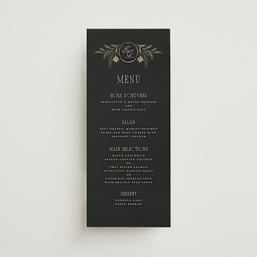 This is a noir menu cards with foil pressed by Randi Cirelli called emilie printing on signature in 4x9
