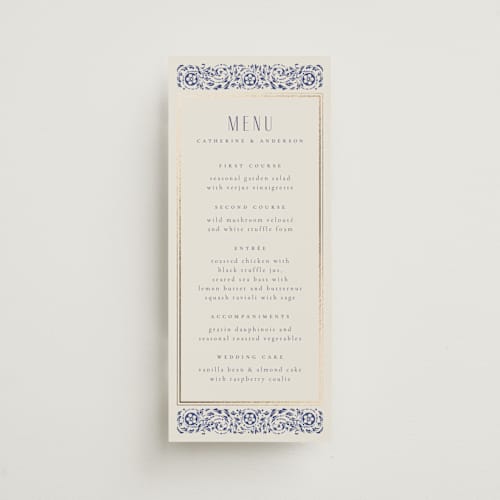 This is a dynasty blue menu cards with foil pressed by Ana de Sousa called tiled romance printing on signature in 4x9