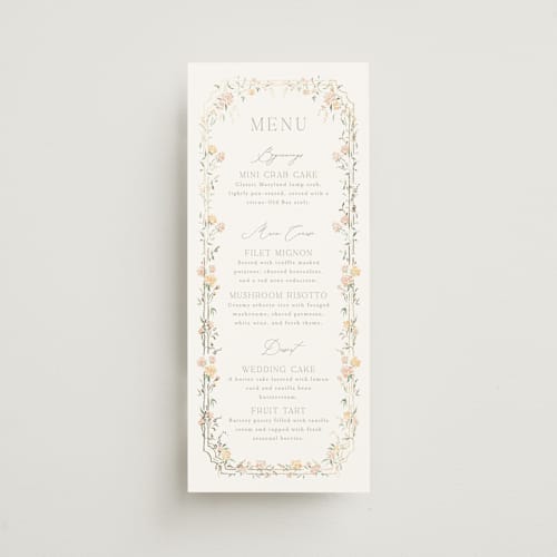 This is a golden summer menu cards with foil pressed by Erin L. Wilson called victorian trellis printing on signature in 4x9