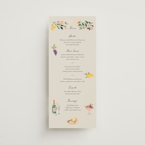 This is a garden menu cards with foil pressed by Elly called garden feast printing on signature in 4x9