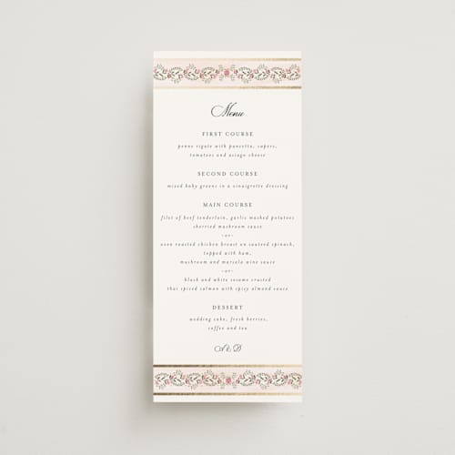 This is a peony menu cards with foil pressed by Susan Moyal called embrace printing on signature in 4x9