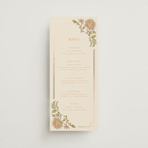 This is a ochre menu cards with foil pressed by Hannah Bowman called marigold printing on signature in 4x9