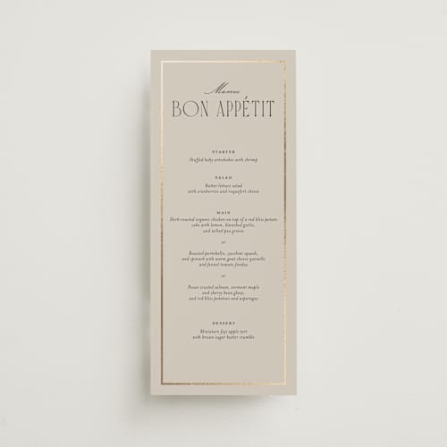 This is a champagne menu cards with foil pressed by Kristin Oliversen called luxe lines printing on signature in 4x9