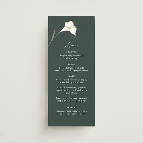 This is a forest menu cards with foil pressed by Stacey Meacham called elegant lillies printing on signature in 4x9