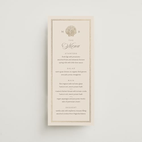 This is a champagne menu cards with foil pressed by Griffinbell Paper Co. called seaside printing on signature in 4x9