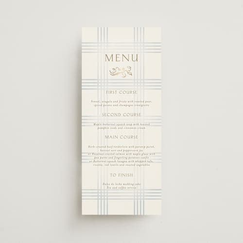 This is a belair menu cards with foil pressed by Grae called salt and ivory printing on signature in 4x9