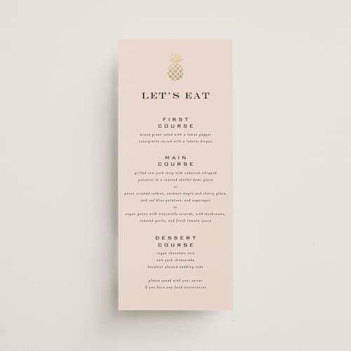 This is a blush menu cards with foil pressed by Laura Hamm called tropical getaway printing on signature in 4x9