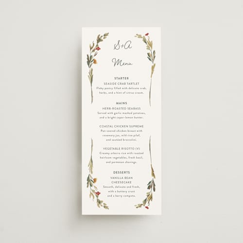 This is a garden green menu cards with foil pressed by Lucrecia Caporale called coastal bloom printing on signature in 4x9