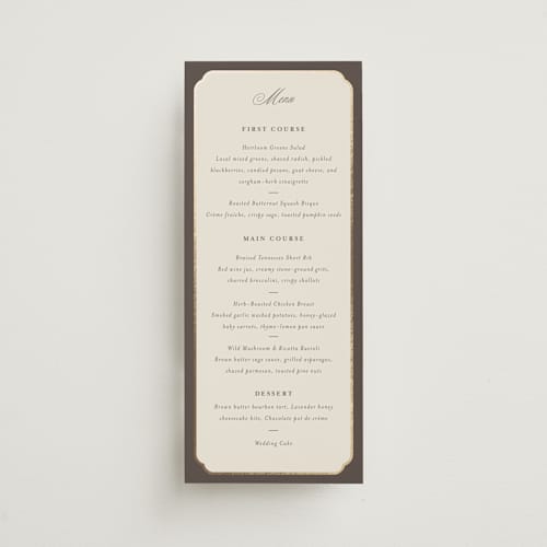 This is a cognac menu cards with foil pressed by Emily Betts called arch frame printing on signature in 4x9