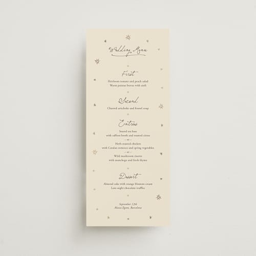 This is a noir menu cards with foil pressed by Ani Somi called written in the stars printing on signature in 4x9