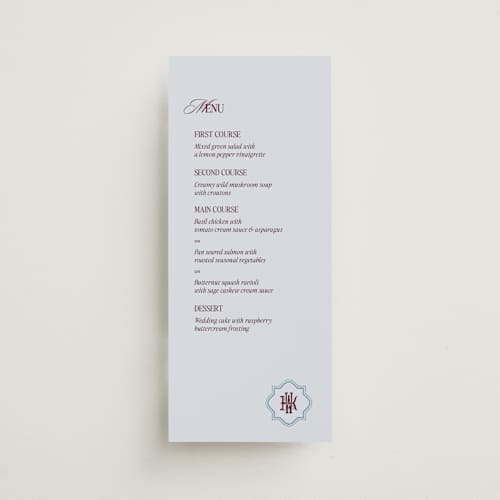 This is a celestial menu cards with foil pressed by Jenna Holcomb called modern vintage printing on signature in 4x9
