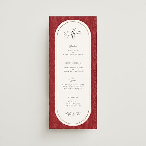 This is a crimson menu cards with foil pressed by Studio Suku called moiré printing on signature in 4x9
