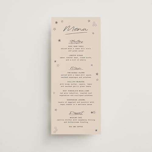 This is a ecru menu cards with foil pressed by Jennifer Lew called supernova printing on signature in standard