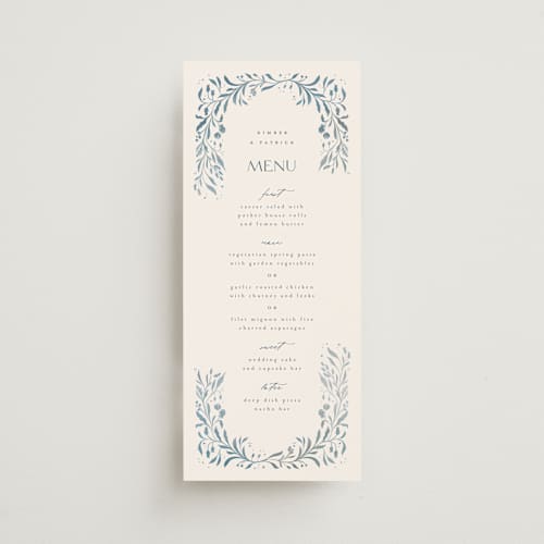 This is a delft blue menu cards with standard by Ashley DeMeyere called porcelain printing on signature in 4x9